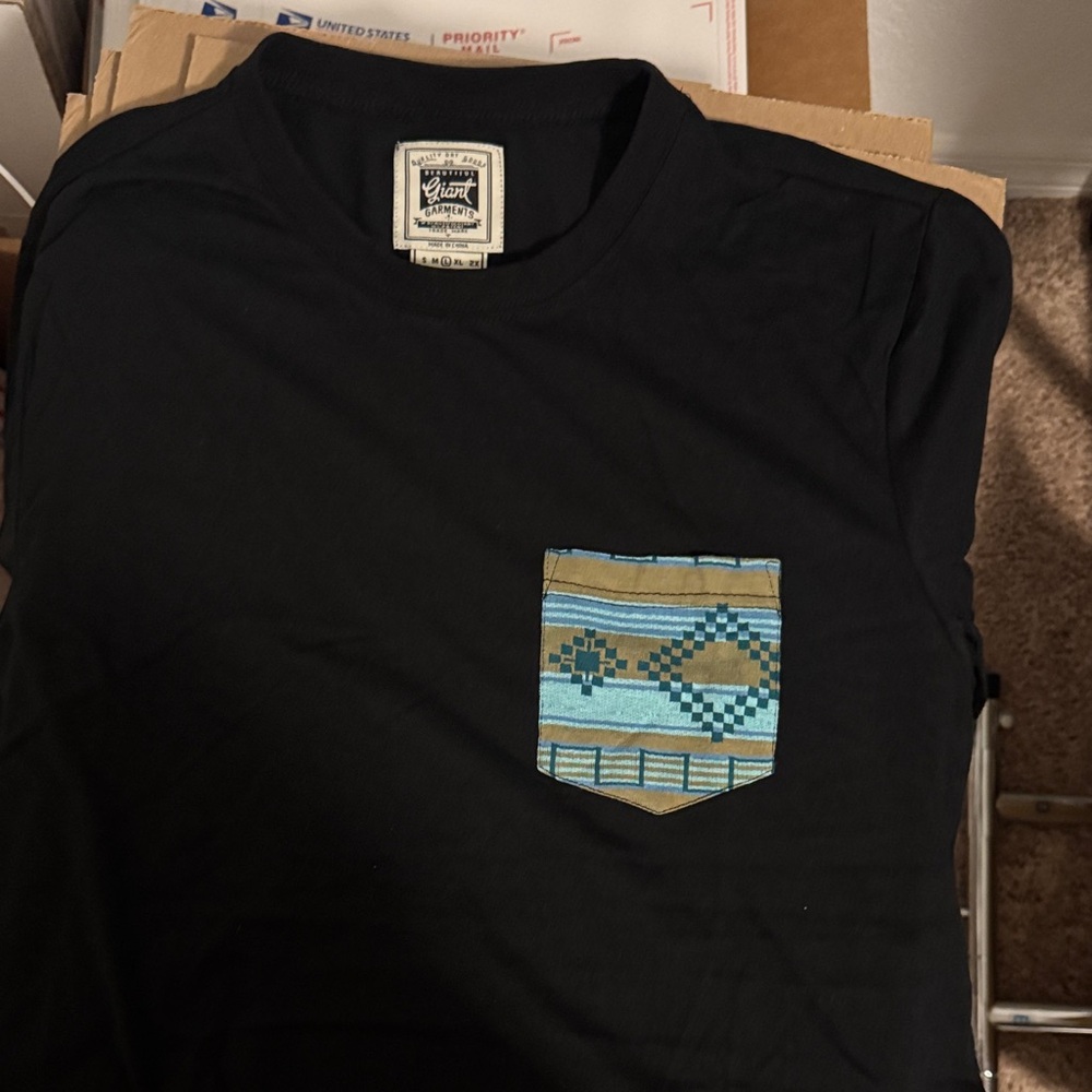Vintage Black Tee with Geometric Pocket